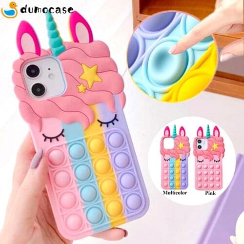 Silicone Soft Case For iPhone 6 6s 7 8 Plus X XR XS 11 12 Pro Max SE 2020 Pop Fidget Toys Push Bubble Cartoon Unicorn Cute Cover