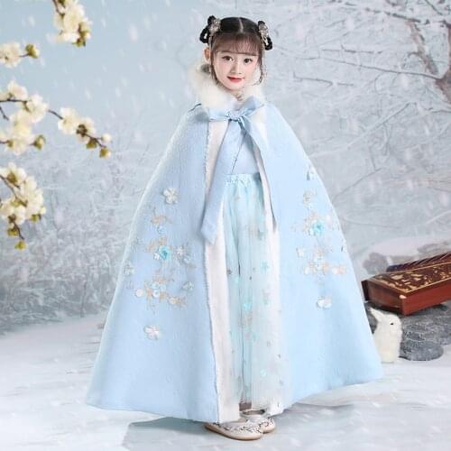 Girls Hanfu Quilted Hooded Cape winter new Embroidery Thicken Cloak Chinese Children Ancient Mantle Kids New Years Wear Warm