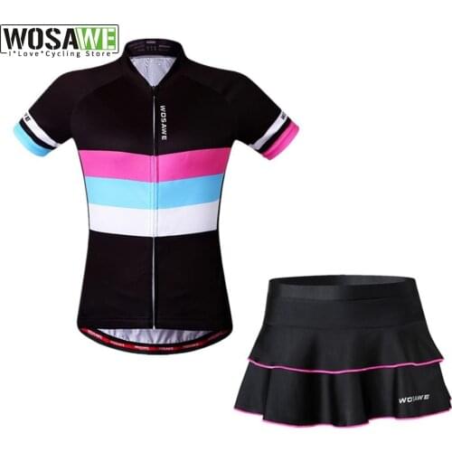 WOSAWE Summer Female Mini Skirt + Shirt Ropa Ciclismo Cycling Jersey Sets Breathable MTB Bike Clothing Short sleeve clothes