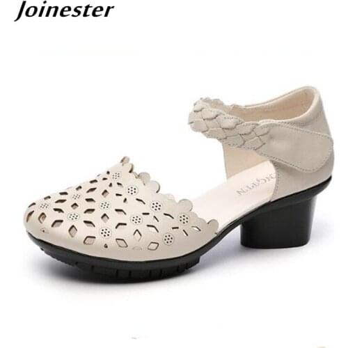 2020 Summer Women Genuine Leather Sandals Retro Mary Jane Pumps Hollow out Ladies Sandal Ankle Strap Clog Shoes Woman Dress Shoe