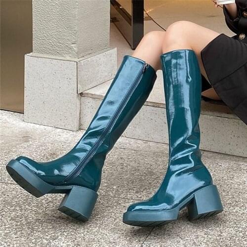 Sexy Party Pumps Womens Patent Leather Round Toe Knee High Boots Block High Heel Tall Long Platform Boots 34-41