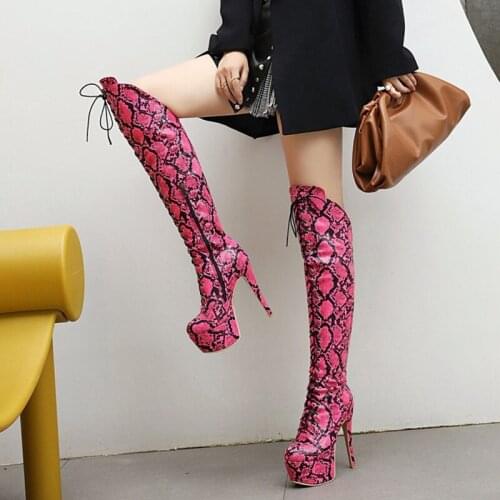 Ochanmeb Snake Print Boots Women Sexy Stiletto 14.5cm Extremely High Heels Knee High Boots Woman Platform Cross Tied Boots Shoes