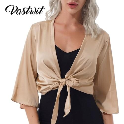 Women Cardigan Elegant Satin Short Shrug 3/4 Sleeve Bolero Cardigans Casual Lightweight Shrug for Wedding Bride Party