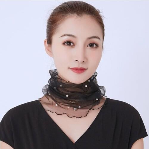 Women Fake Pearl Scarf Mesh Necklace Decorative Scarf Elegant Transparent Circle Scarf For Ladies Autumn Clothing Accessories