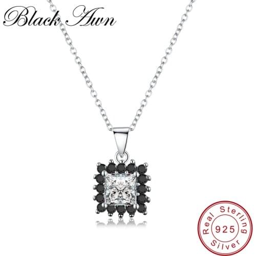 [BLACK AWN] Real 925 Sterling Silver Jewelry Square Black Spinel Stone Necklace for Women Sterling Silver Jewelry P169
