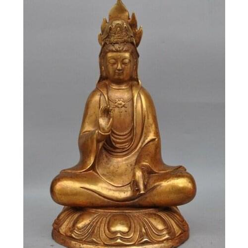 13"China Buddhism bronze Gilt Kwan-yin Guanyin Quanyin Bodhisattva Buddha statue