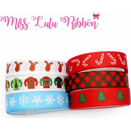 16mm-75mm Christmas Series Tree Snowflake Candy Printed Grosgrain/Elastic Ribbon Cartoon Red with Green Check 50yards/roll
