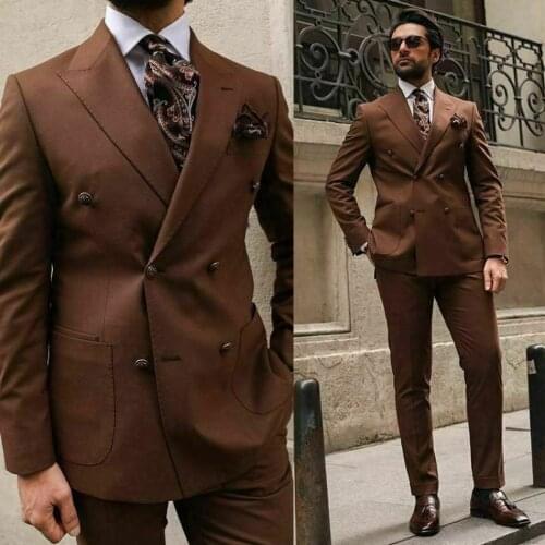 2021 Latest design pointed Lapel double breasted brown men suits for wedding slim fit formal business man suit Coats and pants