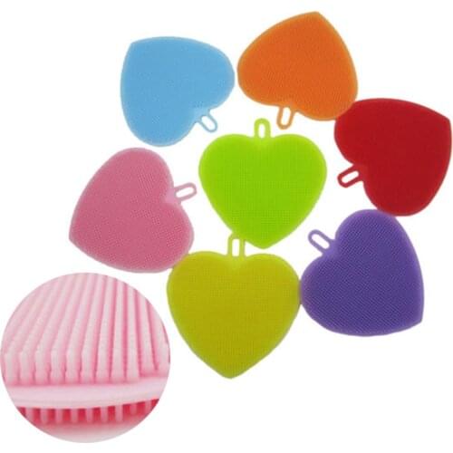 7 Colors 1pc Fashion Silicone Heart Dish Washing Sponge Scrubber Kitchen Cleaning Mat Brush