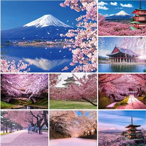 Full Square Round 5D Diamond Painting Cherry Blossoms Diamond Embroidery Landscape Japanese Picture of Rhinestones Home Decor