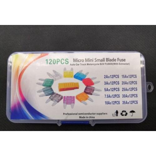 Auto car truck motorcycle fuses 120PCS=10value*12pcs 2A/3A/5A/7.5A/10A/15A/20A/25A/30A/35A Micro mini small Blade Fuse kit box