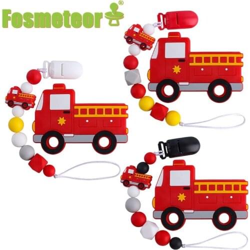 Fosmeteor Baby Pacifier Chain Cartoon Fire Truck Teether Set Nipple Dummy Clip Holder Infant Silicone Teething Soother Molar