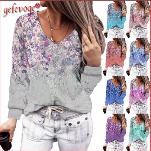 2021 Autumn Clothing Women Fashion Tops V-neck Floral Print Long Sleeve Casual Streetwear Harajuku Tees T-shirt Oversized Tshirt
