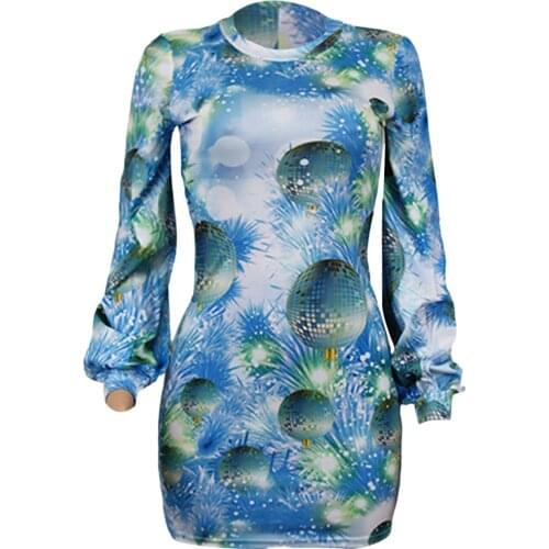 Hirigin New Women’s Fashion Printing Short Dress Summer Sexy Round Neck Lantern Sleeve Skinny Slim Short Hip Dress