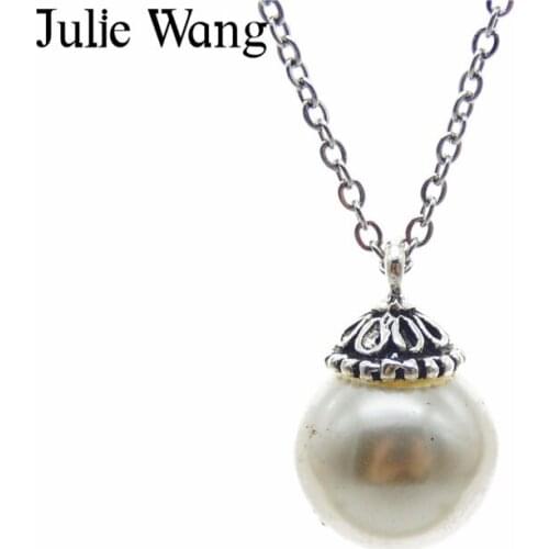 Julie Wang 1PCS 12mm ABS Man-made Pearl Link Chain Necklace Pendants Women Fashion Jewelry Choker Party Gifts