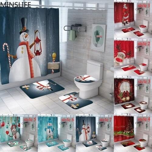 Christmas Santa Claus Snowman Bathroom Set Waterproof Shower Curtains Toilet Cover Mat Non Slip Rug Set Holiday Set