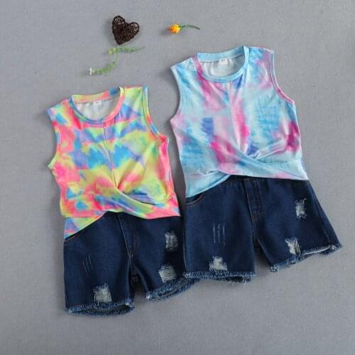 FOCUSNORM 2-7Y Summer Infant Girls Clothes Sets 2pcs Tie-Dye Printed Sleeveless Vest Tops Denim Shorts