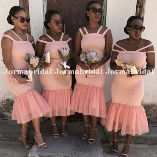 Flesh Pink Short Bridesmaid Dresses Spaghetti Strap Mermaid African Women Wedding Guest Dress vestidos de cocktail Party Gowns