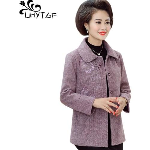 UHYTGF women spring autumn coats fashion pocket elegant wool jacket single breasted loose plus size tops casual female coat 1803