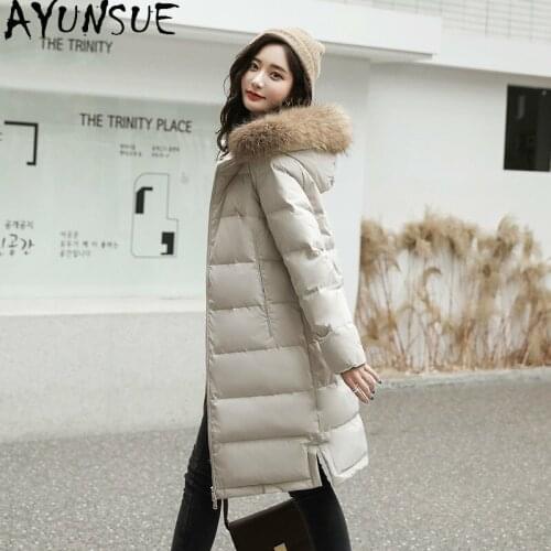 AYUNSUE Womens Winter Down Jacket Woman Raccoon Dog Fur Hooded White Duck Down Coat Female Winter Parkas Warm Clothing 190079