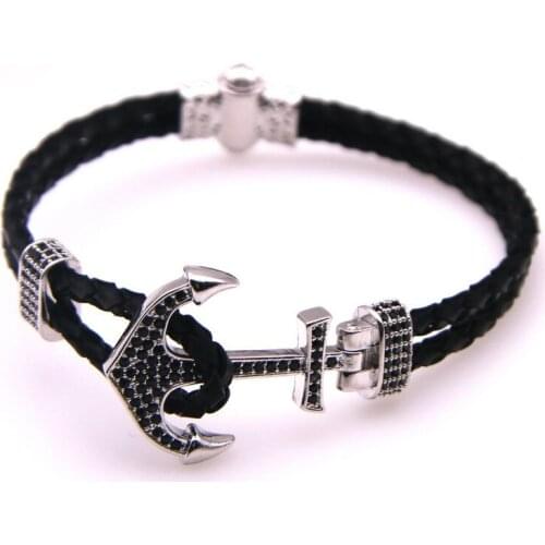 Fashion Bracelete Genuine Leather Anchor Bracelet Men Vintage Punk Rock Women Copper Micro-zircon Nautical Jewelry 18-24 CM