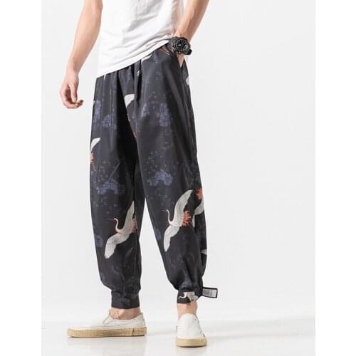 Fashion Japanese Style Man Crane Print Wide Leg Pants Harajuku Ukiyo-e Summer Harem Trousers Asian Kimono Yukata for Male
