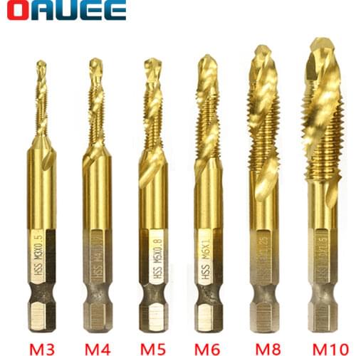 6pcs Titanium Plated Hex Shank HSS Screw Thread Metric Tap Drill Bits Screw Machine Compound M3 M4 M5 M6 M8 M10 drill bit tools