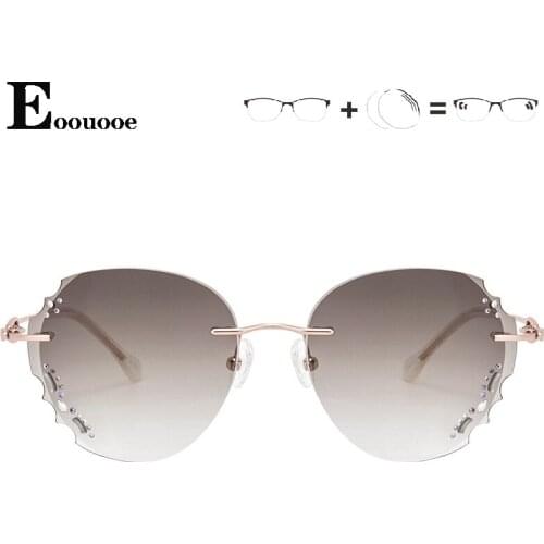 Titanium Gray Lens Sun Glasses Hollow lens Optician Women Rimless Trimmed Diamond Glasses Prescription Progressive Sunglasses