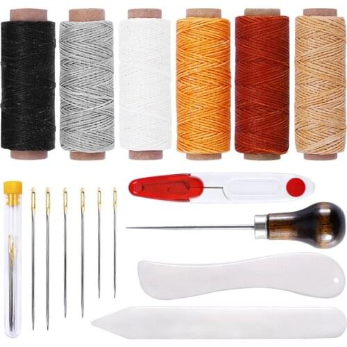 LMDZ 6 Color Waxed Thread with 3 Sizes Large Eye Sewing Needles Scissor Awl Bone Folder for Leather Stitching Sewing Tool Kits
