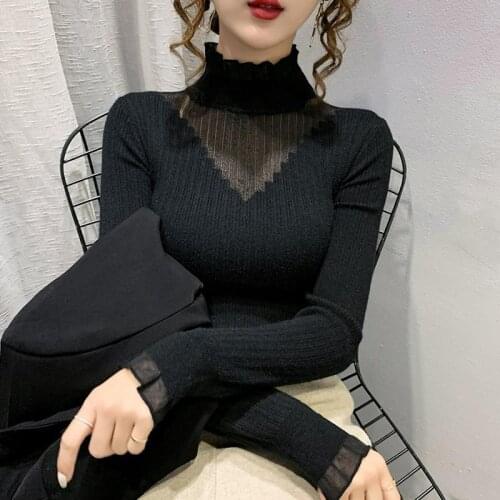 Woman Sweaters Chandails Womens Half Turtleneck Lace Stitching Hollow out Sweater Western Style Slim Fit Inner Knitted Blouse
