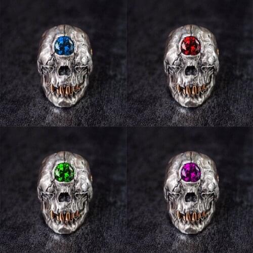 Unique Cyclops Vampire Skull Ring Red Blue Cz Crystal on The Forehead Gothic Punk Mens Stainless Steel Rock Biker Jewelry