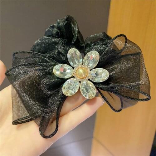 Gorgeous Girl Bow Elastic Hair Bands Headdress Scrunchies Mori Large Rhinestone Flower Ponytail Female Hair Tie Hair Accessories