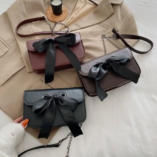 Vintage Shoulder Crossbody Bag Bowknot PU Leather Solid Purse Women Square Small Commuter Street Chain Pouch