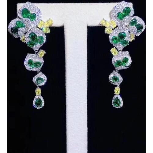 CIZEVA Temperament 925 Sterling Silver Emerald Gemstone Drop Earrings Ladies Wedding Engagement Long Earrings Fashion Jewelry