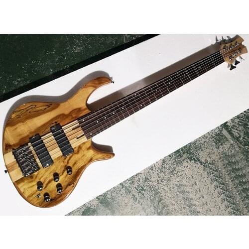 In Stock-6 Strings Natural Wood Color Neck-thru-body Electric Bass Guitar with 24 Frets