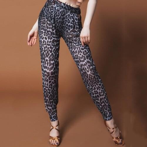 Latin Dance Pants Lady Leopard Print High-Stretch Mesh Hollow Waist Trousers Adults Practice Cha Cha Samba Tango Salsa DNV13139