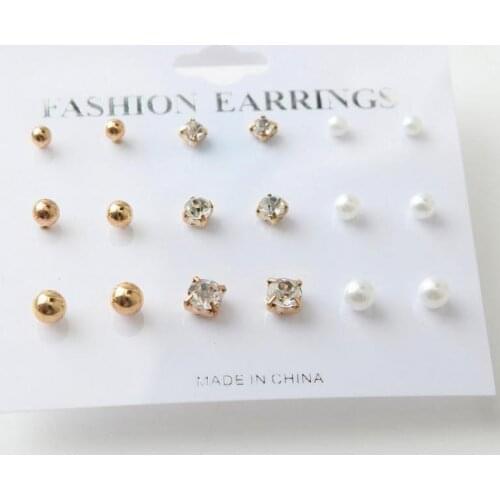 2017 New Simple Fashion Wild Rhinestones Pearl 9 Sets Of Ear Studs Earrings For Women Stud Earrings Pendientes Mujer Moda