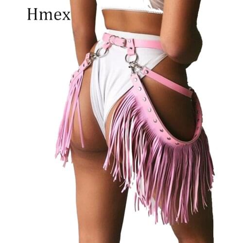 Pink Leather Harness Belt Chain Bra Bondage Garters Women Gothic Adjustable Long Tassels Waist Belt Suspenders