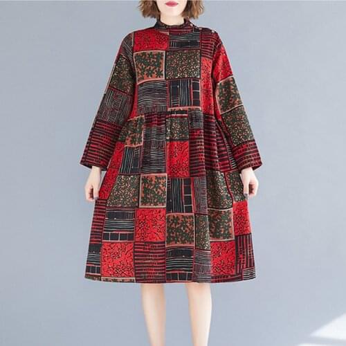 2021 New Arrival Plaid Print Vintage Autumn Dress Linen Cotton Loose Cozy Women Casual Spring Dress Office Lady OL Work Dress