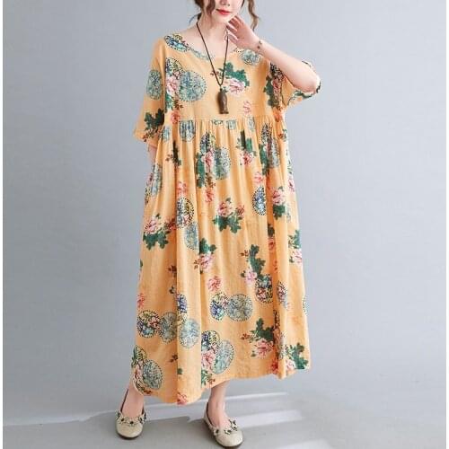 Oversized Women Cotton Linen Casual Dress New 2021 Summer Vintage Style Floral Print Loose Comfortable Female Long Dresses B606