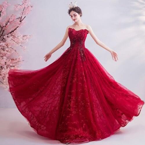 Evening Dresses Illusion Strapless Sleeveless Beading Backless Lace Tulle Luxury Burgundy A-Line Women Formal Party Gown TS085