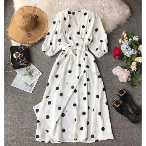 Womens spring summer deep V neck dot print vintage shirt dress female summer medium long chic long dress TB1197