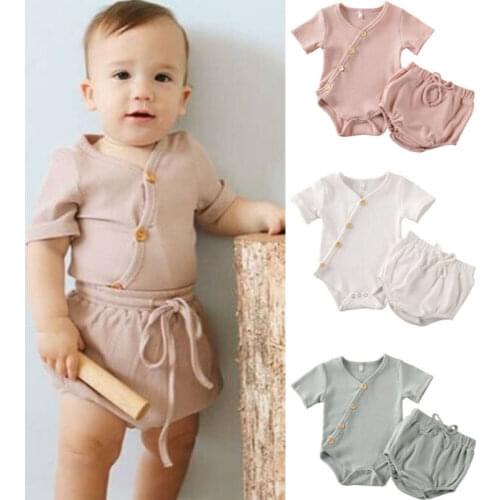2020 Baby Summer Clothing 2PCS Newborn Baby Girl Boy Striped Romper Tops Shorts Pants Outfits Set Ribbed Solid Clothes