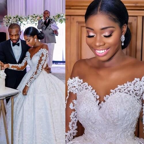 2020 Arabic Aso Ebi Wedding Dresses Sheer O Neck Ball Gown Bridal Dresses Sexy Cheap Long Sleeves Bride Dress South African