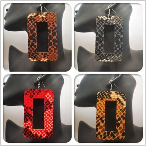 Free Shipping! Rectangle Snake Pattern Fabric with wooden earrings can mixed 4 colors