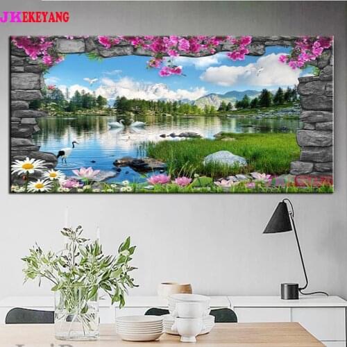 Large 5D Diy diamond painting Lake mountain swans Diamond Mosaic Rhinestone Embroidery cross stitch Y4589