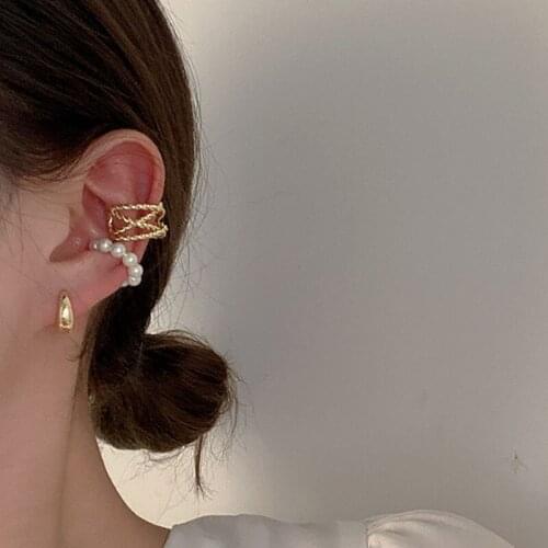 Gothic Cross Net Circle Pearl Earcuff Fake Piercing Clip on Earrings for Women Girl Friend Gifts Korean Fashion Cuff Accessories