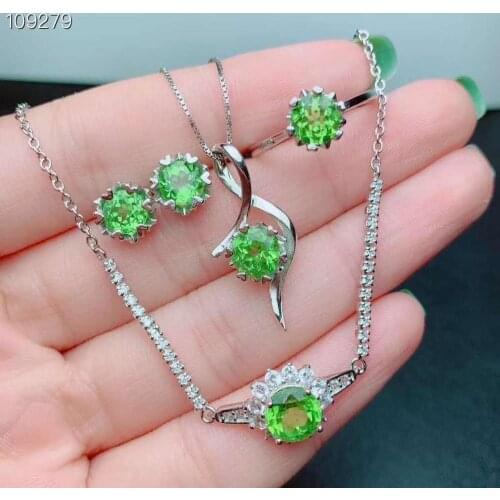 Natural Olivine Stone S925 Ring Pendant Necklace Earrings Set Fine Fashion Weddings Jewelry for Women Free Shipping MeibaPJFS