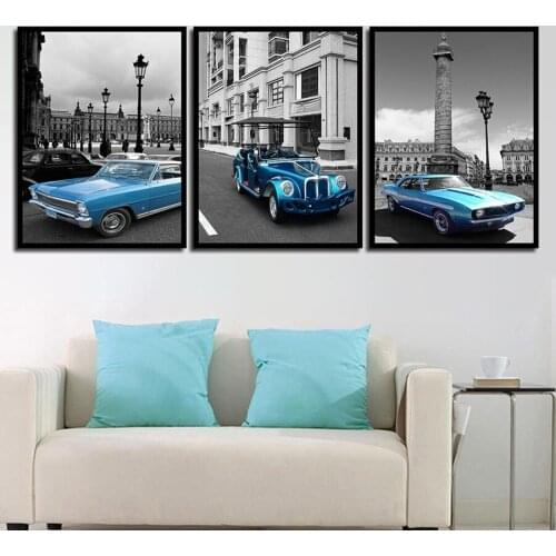 3 Pieces Minimalist Canvas Painting Nordic Poster Black White Building Scenery Blue Car Printed Art Wall Picture Decoration