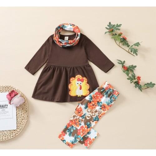 Girl New Thanksgiving Clothes Set Turkey/Pumpkin Embroidery Long Sleeve O-neck Tops+Printed Trousers+Scarf Outfits